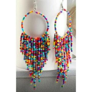 Native style PowWow hand beaded drop earrings, 🐎 ❤ "Rainbows" NEW